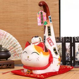 Miniatures 1pc Japanese Style Maneki Neko Ceramic Lucky Cat with Long Tail Fortune Cat Feng Shui Statue Tabletop Ornament Home Decoration