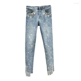 Women's Jeans Tasselled 2024 Spring And Summer Elastic High Waist Slim Fit Slimming Cropped Skinny Pants Street Blue