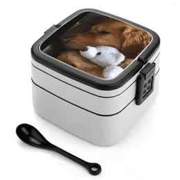 Dinnerware Golden Retriever With Teddy Bear 1 Bento Box Portable Lunch Wheat Straw Storage Container Dog Lover Pet Owner