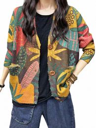 2023 Winter Females Fi Floral Knitwear Womens Warm Printed Loose Luxury Sweaters Ladies Leisure V Neck Plus Size Cardigans J9Nm#