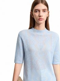 Amii Minimalismo Maglieria per le donne 2024 Primavera Nuovo collo mezzo alto leggermente pizzo jacquard lana mezza manica camicetta femminile 12.451.071 c4wP #