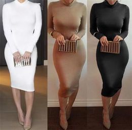 Designer Dress Woman Temperament Trend Sexy tight comfortable bag buttock pure cotton temperament solid color long slim long sleeve thin Long dress with high neck