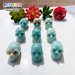 Sculptures 1.5" Hand Carved Natural Amazonite Crystal Skull Head Statue Reiki Healing Figurine Halloween Skeleton Sculpture Gift Decoration