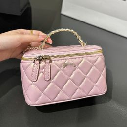 24P Iridescent Colours Two-tone Pearl Top Handle Totes Suitcase Vanity Box Bags With Mirror Card Holder Rhinestone Turn Lock GHW Crossbody Shoulder Cosmetic Case 18cm