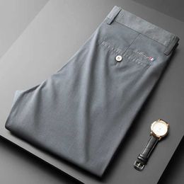 Men's Pants New Spring/Summer Mens Soft Elastic Fabric Business Set Mens Elastic Waist Straight Work Suit Grey Trousers J240328