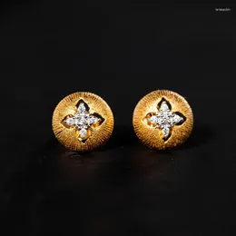 Stud Earrings Yellow Gold Colour Hollow Round For Women Fashion Cross Cubic Zircon Earring Italian Vintage Jewellery Party Gift