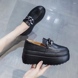 Casual Shoes 8CM Genuine Leather Fashion Walking Height Increasing Loafers Ladies Platform Wedge Women Slip On