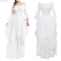 Basic Casual Dresses Womens High Low Dress Puff Sleeve Off Shoulder Ruffle Mediaeval Come For Women Cosplay Midi Holiday Dresse yq240328