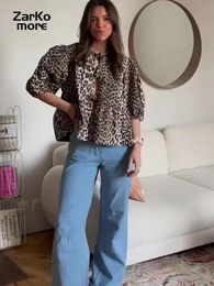 Lace Up Leopard Print Sweet Womens Blouse Bubble Sleeve Hollow Loose Fluffy Top 2024 Spring Summer Fashion Casual Shirt 240328