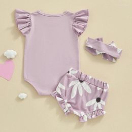 Clothing Sets Baby Girls Shorts Set Sleeve Letters Romper With Flower Print And Hairband Outfit