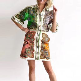 Australian designer clothing Couturier Vintage Print Style Loose style Linen shirt dress single-breasted mid-long-sleeved casual dress