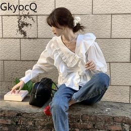 Women's Blouses GkyocQ Korean Fashion Women Tops Spring Ruffles Spliced Turn Down Collar Long Sleeve Asymmetrical White Shirt & Blouse