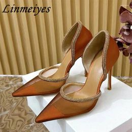 Dress Shoes Luxury Crystal High Heels Women Pointed Toe Mesh Hollow Outs Rhinestone Wedding Party Summer Thin Pumps Woman