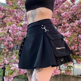 Skirts Harajuku Gothic Pocket Skirt Women 2024 Summer A Line Sexy High Waist Preppy Streetwear Slim Split Female Goth Clothing