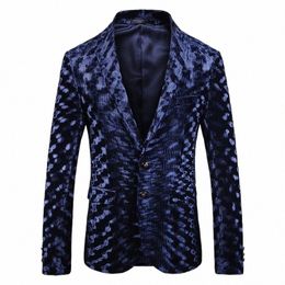 shenrun Men's Autumn Winter Blazer High Quality Blue Fi Pattern Suit Jacket Groom Singer Busin Party Prom Stage Costume t9uj#