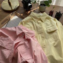 Women's Blouses White Cotton Long-sleeve Shirts Women Spring Summer Single-breasted Pocket Casual Top Female Pink Blue Loose Undershirts