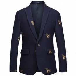 shenrun Men Jacket Blazers Navy Blue Worsted Bee Embroidery Wedding Groom Suit Jackets Casual Slim High Quality Plus Size Blazer v6gJ#