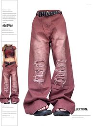 Women's Jeans Ripped For Women Red 90s Aesthetic Y2k Vintage Baggy Denim Trouser Fashion High Waist Wide Cowboy Pants 2000s Lady Clothes