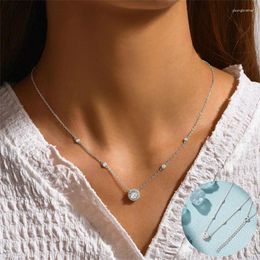 Chains 925 Sterling Silver Zircon Geometric Necklace For Women Girl Simple Round Inlaid Design Jewelry Party Gift Drop