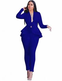 2024 Women's Formal Set 2PCS Tracksuit Full Sleeve Ruffles Blazers Pencil Pants Suit Two Piece Set Office Lady Outfits Uniform Y5MB#