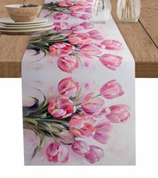 Table Cloth Pink Tulip Oil Painting Abstract Linen Runners Dresser Scarf Decor Wedding Banquet Festival Party Dining