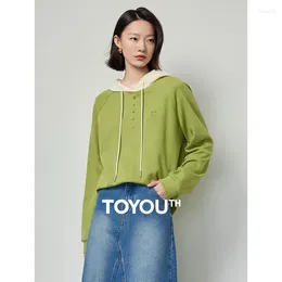 Women's Hoodies TOYOUTH Women Sweatshirt 2024 Spring Drawstring Hooded Mustard Green Contrast Colour Long Sleeve Casual Pullover