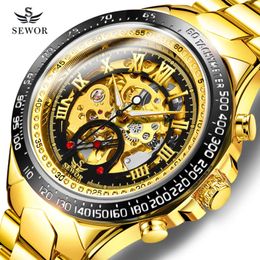 SEWOR Men's Fashion Steel Band Fully Automatic Business Mechanical Hollow Through Bottom Watch 768