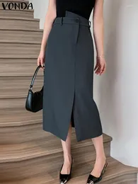 Skirts VONDA Summer High Waist 2024 Solid Colour Women Elegant Long Midi Bottoms Slit Casual Office OL Party