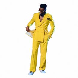 Fi Ternos masculinos amarelos estilo especial duplo breasted lapela repicada blazer de luxo 2 peças jaqueta calças chique blazer personalizado w0o4 #