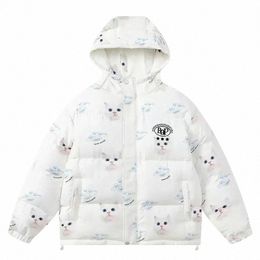 winter Harajuku Hooded Parkas Men Cute Carto Full Cat Print Warm Thick Down Jackets Japanese Women Loose Outwear Coat Unisex 91FJ#
