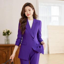 Women's Two Piece Pants Elegant Purple Formal Women Business Pantsuits With And Jacket Coat Autumn Winter Professional Work Wear Trousers