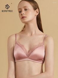 Bras BirdTree Lining Mulberry Silk Satin Bra Women's Lace Wire Free Sexy Fashion Breathable Underwear 2024 Summer P42859QC