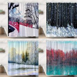 Shower Curtains Winter Scenery Set Forest Snow Scene Tree Flower Nature Landscape Polyester Fabric Bathroom Decor Bath Curtain