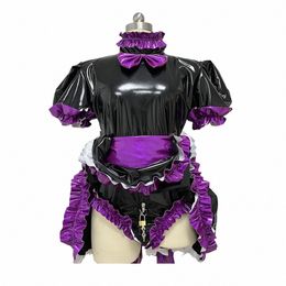 sissy lockable dr Role Play Maid Dr with Apr Lockable Panties French Sissy PVC Short Sleeved Dr Lockable Uniform 7XL c0HC#