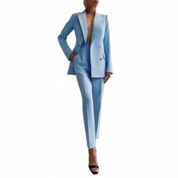 sky Blue Woman Suits 2 Piece High-end Peak Lapel Double Breasted Outfits Casual Office Lady Pants Sets Blazer with Pencil Pants n6GE#