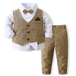 Spring Autumn Baby Boy Gentleman Suit Shirt with Bow TieStriped VestTrousers 3Pcs Formal Kids Clothes Set 240318