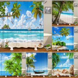 Shower Curtains Beach Curtain Waterproof Home Decoration 3D Palm Tree Seaside Landscape Printed With Hooks Bathroom