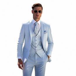 stevditg Sky Blue Suits for Men Notched Lapel Single Breasted Satin Elegant 3 Piece Jacket Pants Vest Slim Fit Wedding Costume A8ak#