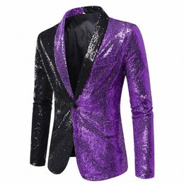 shiny Sequin Suit Jacket Men's Stage Performance Coat White Sier Blue Red Purple Blazers V-neck Patchwork Single Butt Blazer f42t#