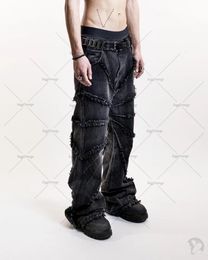 Y2K Punk Black American Street Rock Retro High Waist Oversized Jeans Men Raw Edge Washed Straight Wide Leg Trousers Men 240318