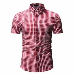 men New Cheque Shirts Summer Short Sleeve Loose Fit Busin Formal Casual Plaid Shirt Holiday Beach Tourism Daily Life Red Blue n38N#