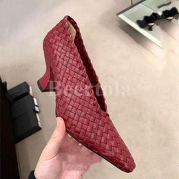 Dress Shoes Concise Women Handmade Woven High Heel Pumps Shallow Pointed Toe Chunky Heels Slip-On Autumn Mother Comfortable Casual