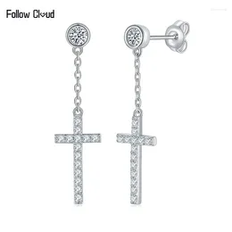 Dangle Earrings Follow Cloud 0.5ct 925 Sterling Silver Round Cut 3mm D Colour Moissanite Tassel Chain Cross Drop For Women Fine Jewellery