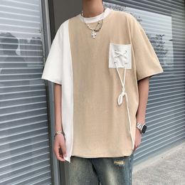 Pocket Strap Design With A Sense Of Niche Contrasting Colors, Quarter Sleeved T-Shirt For Men In Spring And Summer, High-End Hong Kong Style Instagram Patchwork