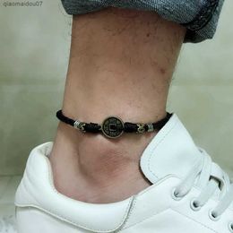 Anklets Black leather red string coins mens ankles punk color vintageL2403