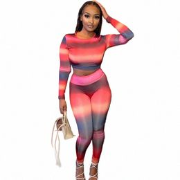 oshfall Autumn New Fi Body Printing Two-Piece O-collar Lg Sleeved Top+High Waist Slim Pants Women Sexy Street Suit Hot C85N#