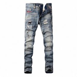 fi Designer Men Jeans High Quality Retro Blue Elastic Slim Fit Ripped Jeans Men Hole Patched Vintage Denim Pants Hombre d2tR#