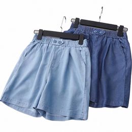Weiche dünne Tencel Denim Shorts für Frauen Sommer beiläufige lose elastische Taille Hot Pants übergroße breite Bein kurze Jeans Streetwear Y6BY #