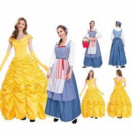 belle Cosplay Costume Adult Women Princ Dr Gloves Fantasia Maid Apr Headband Outfits Halen Carnival Party Suit X71S#