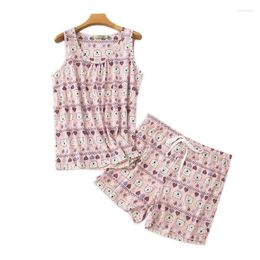 Home Clothing Plus Size Casual Shorts Pyjamas Sets Korean 60% Cotton Sleeveless Sweet Cartoon Summer Sleepwear Women Pyjamas